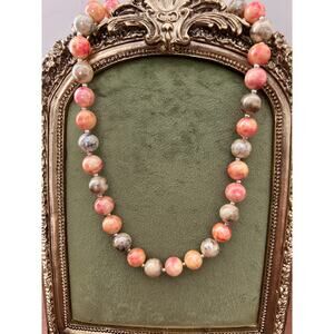 Vintage 18” Marble Beaded Necklace - Beads with Silver Spacers Pink Green Peach